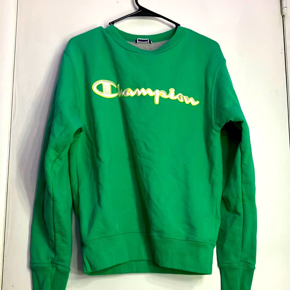 Green champion crew neck has a little smear of something